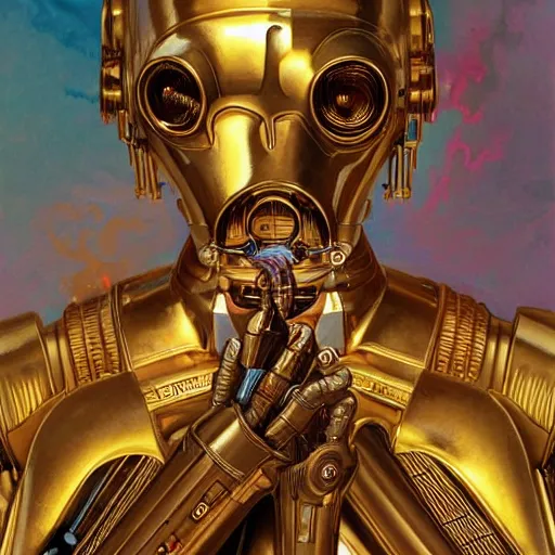 Image similar to c 3 po smoking crack cocaine by mcfarlane, alphonse mucha, artgerm and greg rutkowski and magali villeneuve. realistic.