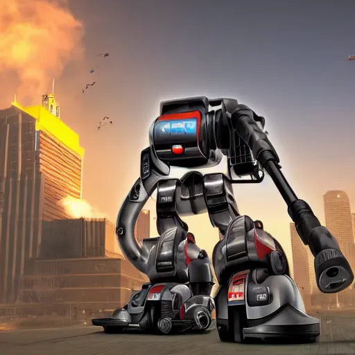 Image similar to a giant vacuum cleaner mech attacks a city