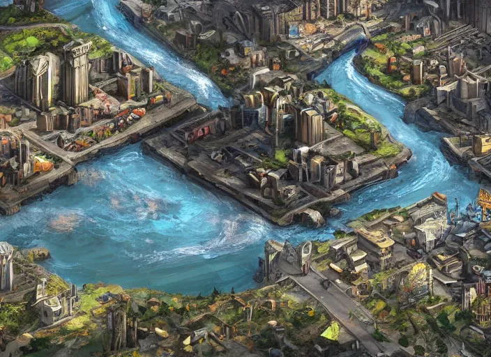 Image similar to wide shot, establishing shot of a modern day dungeons and dragons city with a river going through it, trending on artstation,