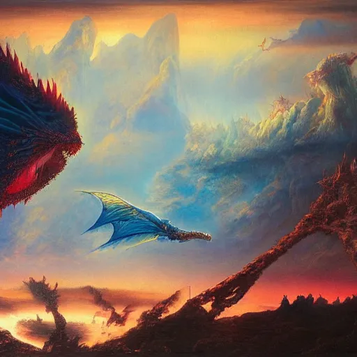 Prompt: yoshitaka amano john martin collaboration oil on canvas landscape apocalyptic dragon