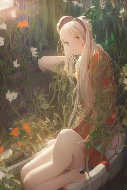 Image similar to a girl with long white hair lying in a bathroom bath at afternoon, plants, astronomical telescope, green and orange theme by krenz cushart and mucha and makoto shinkai and akihito yoshida and greg rutkowski, 4 k resolution