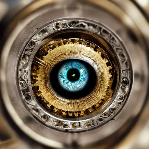 Image similar to a macro photo of a gold and silver mechanical eye, close - up, large intricate iris with gears and inside, intricate gears and lenses and filaments, intricately detailed engravings, intricately detailed markings, intricate textures, warm lighting, vivid colors, realistic octane render, hyper realistic render, volumetric shading, depth of field, raytracing, 8 k,