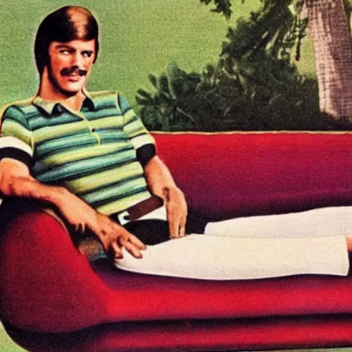 Image similar to lazy guy lying on the couch and doing nothing, 7 0 s advertisement, colorful