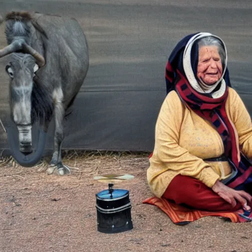 Image similar to a babushka playing drums while sitting on a wildebeest