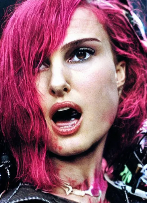 Prompt: promotional image of natalie portman as a british punk rocker in the 80s, rugged black clothes, colorful dyed short hair, tatoos, detailed face, movie still frame, promotional image, imax 70 mm footage