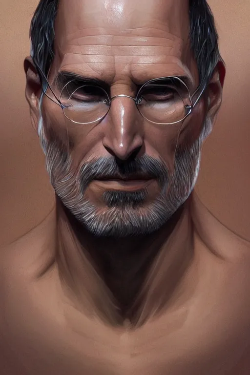 Image similar to portrait of king steve jobs, forest, godlike, upper body, fantasy, intricate, elegant, highly detailed, digital painting, artstation, concept art, sharp focus, illustration, art by artgerm and greg rutkowski and alphonse mucha