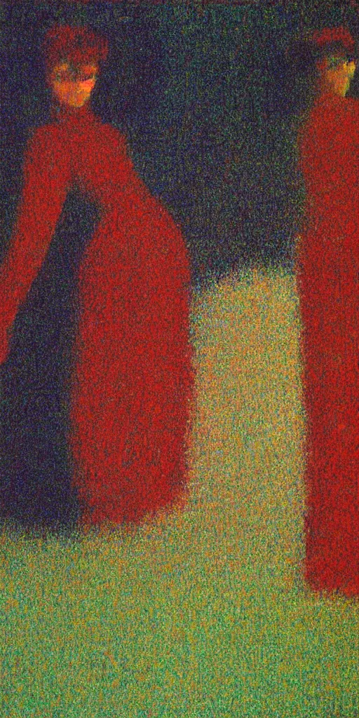 Image similar to a film still of suspiria by dario argento 1 9 7 7 movie, painted by georges seurat, impressionism, points, pointillism, high quality