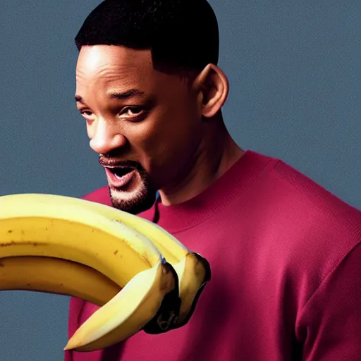 Image similar to Will Smith slapping a big banana, 8k, detailed face, extremly detailed, illustration, art, behance, sharp