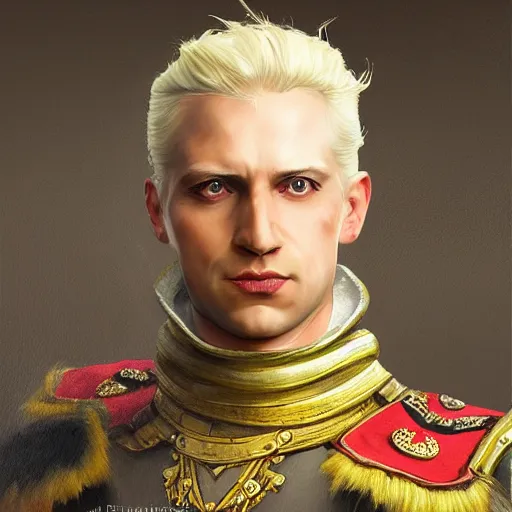 Prompt: Portrait painting commission of Emperor Varis, stern and severe military officer, middle aged Germanic nobility, angular face, long platinum blonde hair, featured on artstation, cinematic chiaroscuro, digital art by Leyendecker and Norman Rockwell