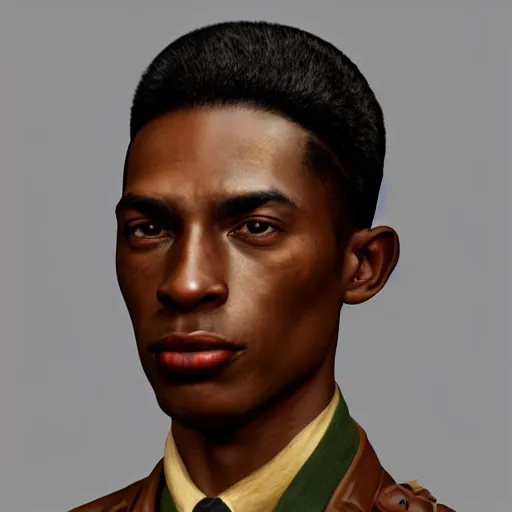 Image similar to A Hearts of Iron IV portrait of an African American young man with high cheekbones. Good bone structure. Dressed in 1940s style. Highly detailed, fine Art, high detail, great lighting, 8k resolution, masterpiece, concept art, illustration, clear eyes, painting oil on canvas, octane render, HDR, trending on artstation, 4k, 8k, HD