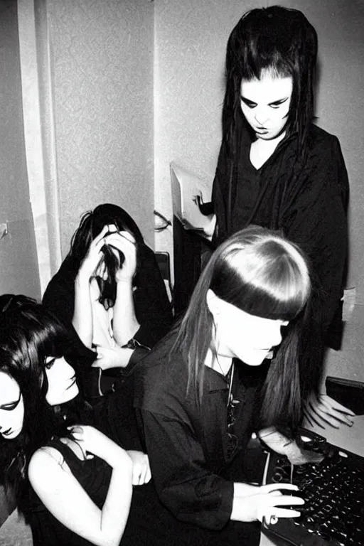 Prompt: sad goths in a dirty hotel room using computers, 1990s photograph