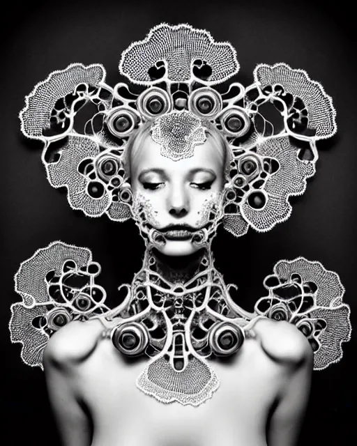 Image similar to surreal black and white photo portrait of complex bio-mechanical beautiful young female vegetal-cyborg with a Mandelbrot fractal metal fine lace face, curled silver hair, 150 mm lens, soft rim light, fine metal floral foliage super big lace collar by Alexander McQueen, high fashion, haute couture, rococo, steampunk, silver filigree details, anatomical, facial muscles, cable wires, microchip, elegant, hyper realistic, octane render, unreal engine, in the style Dora Maar, volumetric lighting, 8k,