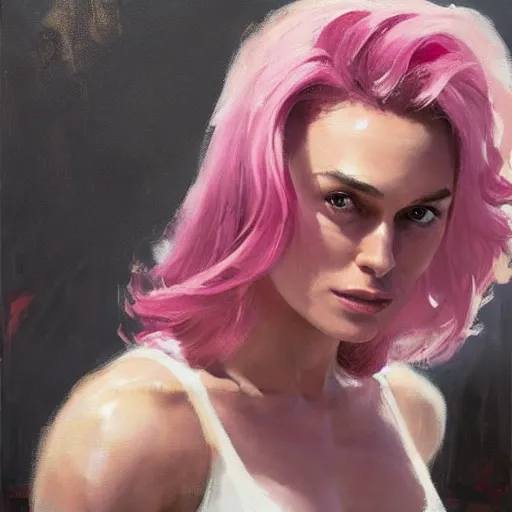 Prompt: greg manchess portrait painting of confident keira knightley with pink hair as beautiful thick female bodybuilder zarya from overwatch, medium shot, asymmetrical, profile picture, organic painting, sunny day, matte painting, bold shapes, hard edges, street art, trending on artstation, by huang guangjian and gil elvgren and sachin teng