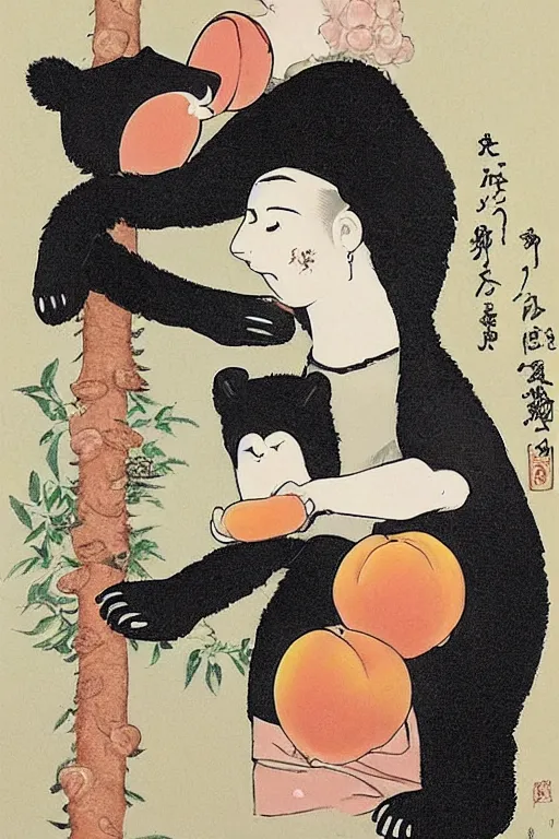 Prompt: a girl with a peach in her hands stands beside an anthropomorphic black bear, offering the peach to the bear. in the style of foujita tsuguharu