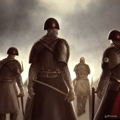 Image similar to realistic, 5 medieval soldiers, in line, pikes, hellbards, banner, flag, mist, picture from behind, epic, digital art, illustration, fantasy, realistic sketch, dark