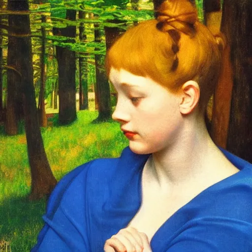 Image similar to a young girl lost in a blue golden forest, film still by edward hopper, by Pontormo, by klimt, art noveau, highly detailed, strong lights, liminal, eerie, Bright pastel colors