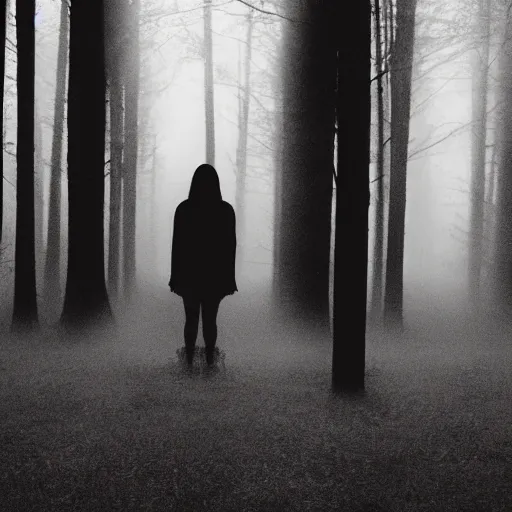 Prompt: lights shining through dark fog, emptiness, lonely female figure standing small, spooky found footage