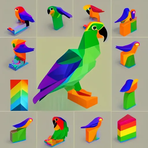 Image similar to isometric vector low poly rainbow parrot icon, white background, cgsociety, volumetric, lighting