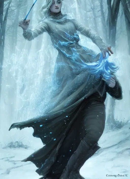Image similar to a mage casting a frost spell by charlie bowater and john howe and leon bazille perrault