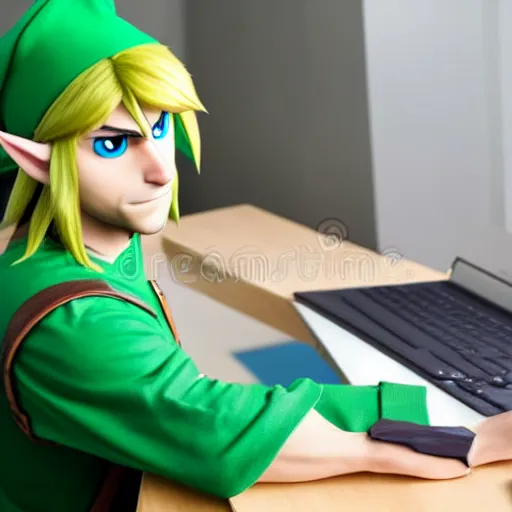 Image similar to link from zelda using computer, stock image