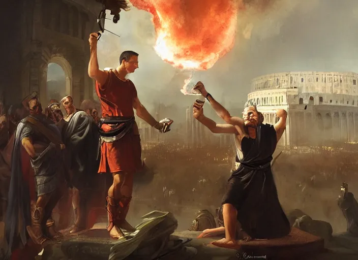 Image similar to julius caesar taking a selfie with an iphone as rome burns behind him by wlop and raymond swanland