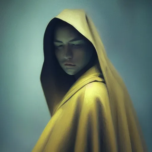 Image similar to a portrait of a young woman wearing a long dark cloak, hood and shadows covering face, holding golden chains, oil painting, Volumetric Golden dappled dynamic lighting, Highly Detailed, Cinematic Lighting, Unreal Engine, 8k, HD, by Beksinski