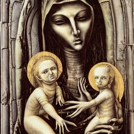 Image similar to h. r. giger's the madonna and child