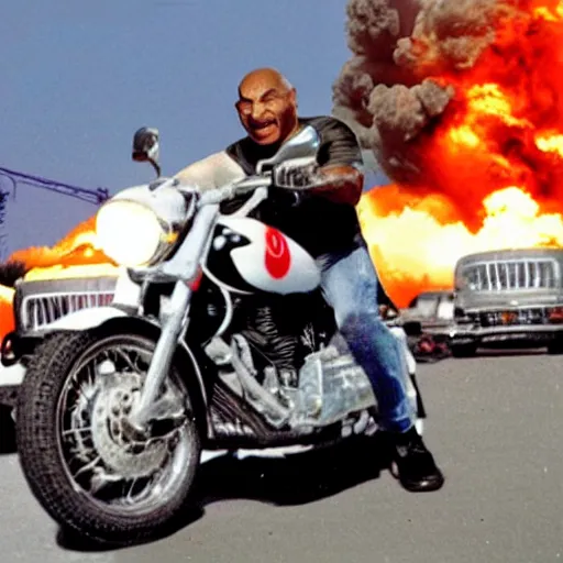 Image similar to mike tyson riding a motorcycle, explosion in background