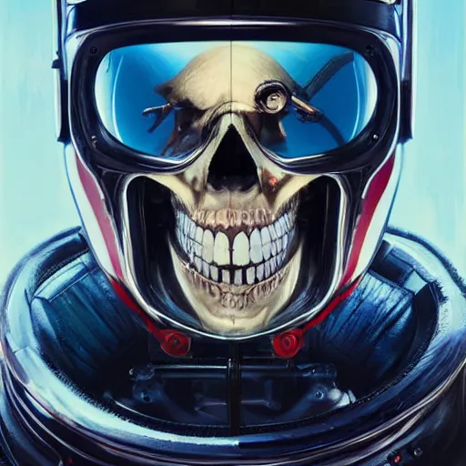 Prompt: a portrait of an cyborg vintage skull no teeth in a racing helmet by sandra chevrier, detailed render, epic composition, cybernetics, 4 k realistic, cryengine, realistic shaded lighting, sharp focus, masterpiece, by matteo scalera, gary montalbano, peter elson in the style of the tokyo ghost comic