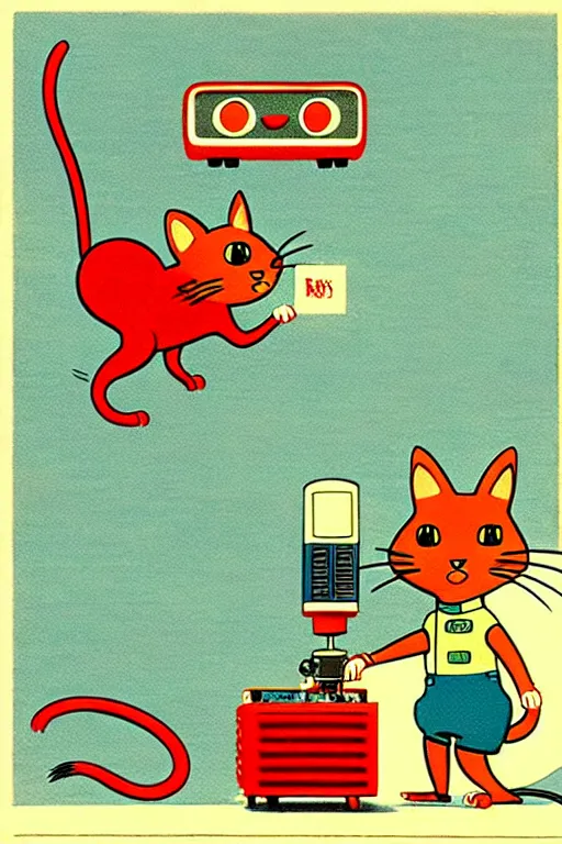 Image similar to by richard scarry. a cat chasing a robot mouse. a 1 9 5 0 s retro illustration. studio ghibli. muted colors, detailed
