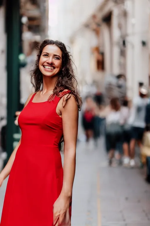 Image similar to blurry photo portrait of a smiling pretty woman in a red sleeveless dress, out of focus, city street scene