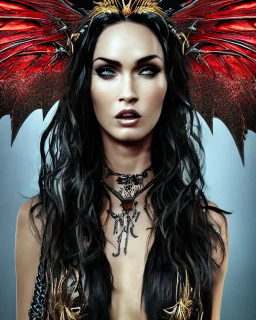 Prompt: very complex hyper-maximalist overdetailed cinematic tribal darkfantasy closeup portrait of a malignant beautiful young dragon queen goddess megan fox with long black windblown hair and dragon scale wings, Magic the gathering, pale skin and dark eyes,flirting smiling succubus confident seductive, gothic, windblown hair, vibrant high contrast, by andrei riabovitchev, tomasz alen kopera,moleksandra shchaslyva, peter mohrbacher, Omnious intricate, octane, moebius, arney freytag, Fashion photo shoot, glamorous pose, trending on ArtStation, dramatic lighting, ice, fire and smoke, orthodox symbolism Diesel punk, mist, ambient occlusion, volumetric lighting, Lord of the rings, BioShock, glamorous, emotional, tattoos,shot in the photo studio, professional studio lighting, backlit, rim lightingDeviant-art, hyper detailed illustration, 8k