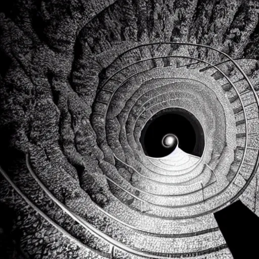 Image similar to a staircase heading to a black hole, dark scary figure standing at the top of the staircase