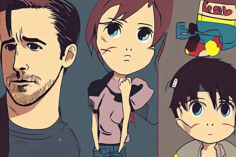 Prompt: ryan gosling, in the style of FLCL (2000)