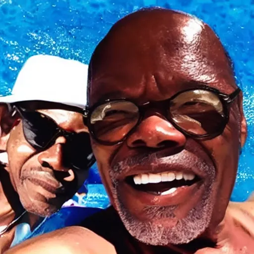 Image similar to high-quality selfie taken by Samuel L Jackson while he goes down a waterslide