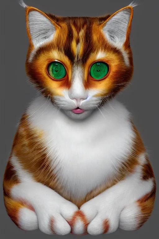 Prompt: Recursive image with a well rounded Calico feline, large eyes, shiny soft fur, anatomically correct, surrounded by matte mirroring swirling wisps of jelly blobs, oil pastels and gold, in the style of albert lynch, modeled in Poser, Redshift render, UHD