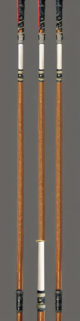 Image similar to single wooden long straight thin ninja fighting staff with oriental ornaments, weapon, highlight, vertical, centred, highly symmetric, sci - fi, fantasy, japan, dnd, close shot, bright uniform background, directional lighting, digital art, hyperrealism, award winning, 8 k