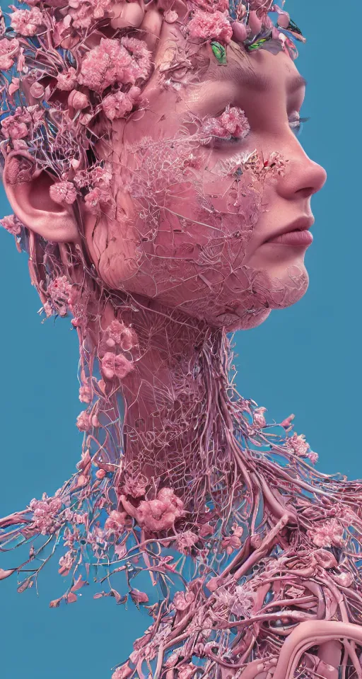 Prompt: cinema 4d colorful render, organic, ultra detailed, of a painted realistic face with growing cherry blossoms , scratched. biomechanical cyborg, analog, macro lens, beautiful natural soft rim light, smoke, veins, neon, winged insects and stems, roots, fine foliage lace, pink and pink details, art nouveau fashion embroidered, intricate details, mesh wire, computer components, anatomical, facial muscles, cable wires, elegant, hyper realistic, ultra detailed, 8k post-production