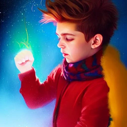 Image similar to colorful and festive captivating young child boy, brown fluffy hair, wearing red and yellow clothes, shooting a fire ball out of his fist. rich vivid colors, ambient lighting, dynamic lighting, 4 k, atmospheric lighting, painted, intricate, highly detailed by charlie bowater