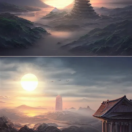 Prompt: detailed art on artstation, Utopia, sunrise over the perfect city-state, futuristic+natural-beauty, Greek+Japanese architecture, futuristic, utopian