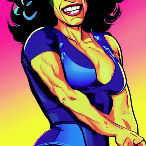 Image similar to Actress Rosario Dawson as She-Hulk, smiling, poster framed, comic pinup style, sports illustrated, detailed legs, artstation, illustration, posterized, Roge Antonio, Jen Bartel