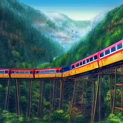 Prompt: train going over a trestle bridge in the mountains, concept art, illustrated, highly detailed, high quality, bright colors, optimistic,