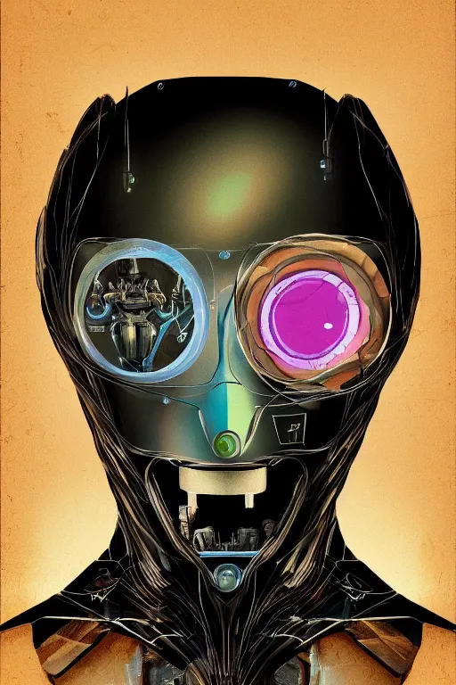 Prompt: portrait of a organic cyborg head wrapped in plastic by pixar, centered, symmetrical, bilateral symmetry, 80s poster, polished, retro dark vintage sci-fi, 2D matte illustration