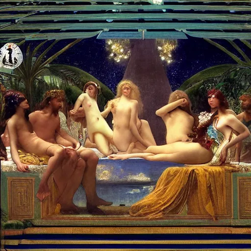 Prompt: The party at the palace, refracted sparkles, thunderstorm, greek pool, beach and Tropical vegetation on the background major arcana sky, by paul delaroche, alphonse mucha and arnold böcklin, hyperrealistic 8k, award-winning, very very very detailed