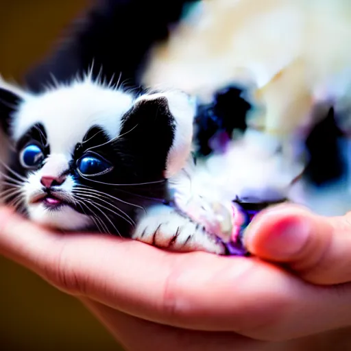 Image similar to cute kitten with panda body and cat face, in the hand of a human, highly detailed, sharp focus, photo taken by nikon, 4 k