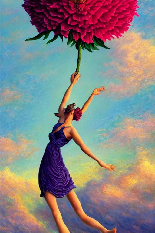 Image similar to closeup, giant carnation flower head, woman falling through clouds in sky, surreal, impressionist painting, digital painting, artstation, rob gonsalves