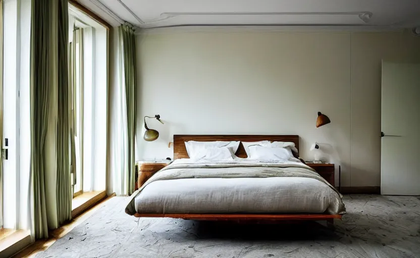 Image similar to art deco elegant bedroom interior, white, beige, slate, bed, walnut wood, bright, retro chic, minimalistic, swedish design, cupboards, giant windows with a view on green lush trees, sunset