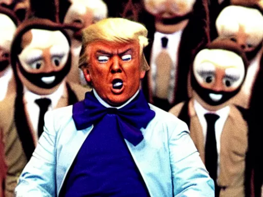 Image similar to donald trump as an oompa loompa, still from film willy wonka and the chocolate factory 1 9 7 1