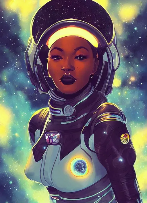 Image similar to beautiful black woman in an advanced spacesuit in front of exploding nebulae halos, digital illustration trending on artstation by artgerm and rutkowski