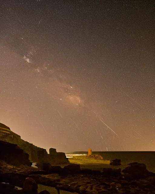 Prompt: perseid meteor shower over the giant's causeway, in the style of the dutch masters and gregory crewdson, dark and moody, depth of field